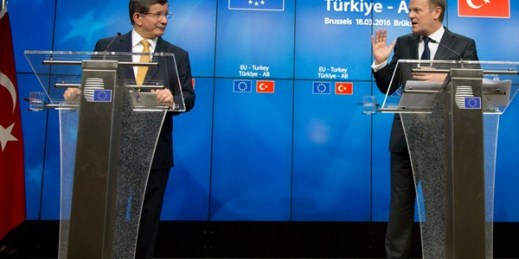 Turkish Prime Minister Ahmet Davutoglu and European Council President Donald Tusk during an EU summit, Brussels, Belgium, March 18, 2016 (AP photo by Virginia Mayo).