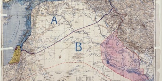 Map of the Sykes–Picot Agreement signed by Mark Sykes and François Georges-Picot, May 8, 1916 (U.K. National Archives image).