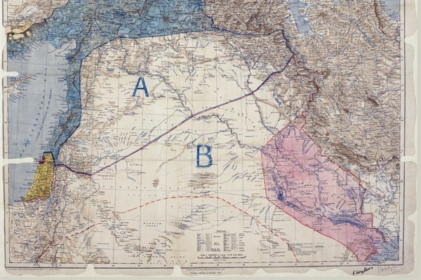 Map of the Sykes–Picot Agreement signed by Mark Sykes and François Georges-Picot, May 8, 1916 (U.K. National Archives image).