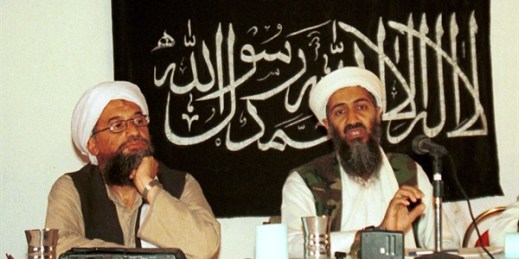 Ayman al-Zawahri, left, holds a press conference with Osama bin Laden, Khost, Afghanistan, 1998 (AP photo by Mazhar Ali Khan).
