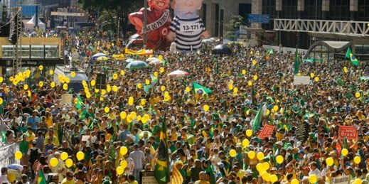 Demonstrators demanding the impeachment of Brazil's President Dilma Rousseff march during a protest, Sao Paulo, Brazil, April 17, 2016 (AP photo by Andre Penner).