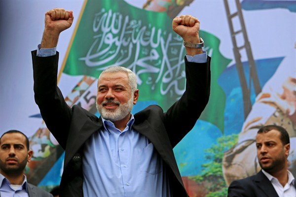Hamas leader Ismail Haniyeh at a rally commemorating the anniversary of the militant group, Gaza, Palestine, Dec. 12, 2014 (AP photo by Adel Hana).