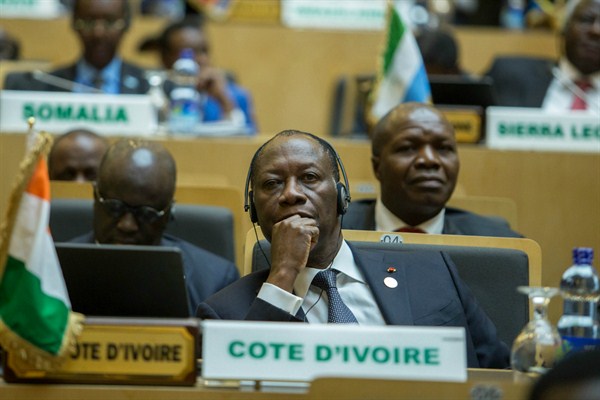 Cote d’Ivoire's president, Alassane Ouattara, at the African Union Summit, Addis Ababa, Ethiopia, Jan. 30, 2016 (AP photo by Mulugeta Ayene).