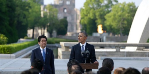 U.S. President Barack Obama and Japanese Prime Minister Shinzo Abe at Hiroshima Peace Memorial Park, Japan, Friday, May 27, 2016 (AP photo by Carolyn Kaster).