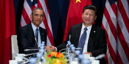 U.S. President Barack Obama and Chinese President Xi Jinping at the Paris Climate Conference, Le Bourget, France, Nov. 30, 2015 (AP photo by Evan Vucci).