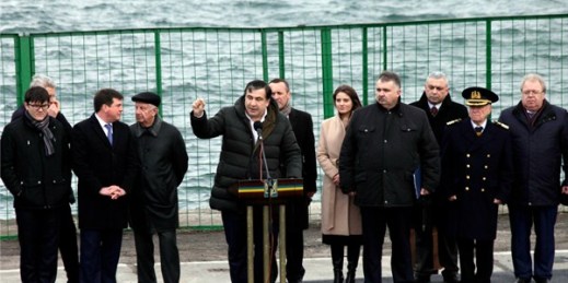 Former Georgian President and now governor of Odessa Mikhail Saakashvili, center, at the opening ceremony of a new port facility in Illichivsk, Ukraine, Jan. 15, 2016 (AP photo by Sergei Poliakov).