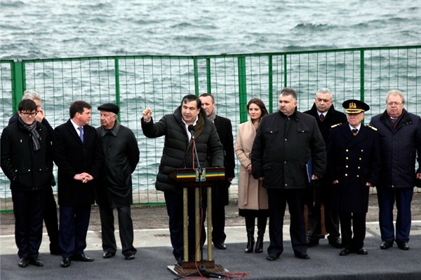 Former Georgian President and now governor of Odessa Mikhail Saakashvili, center, at the opening ceremony of a new port facility in Illichivsk, Ukraine, Jan. 15, 2016 (AP photo by Sergei Poliakov).