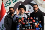 Shiite cleric Muqtada al-Sadr speaking to his supporters before entering Baghdad’s highly fortified Green Zone, March, 27, 2016 (AP photo by Karim Kadim).