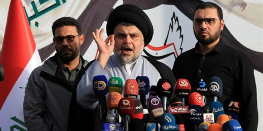Shiite cleric Muqtada al-Sadr speaking to his supporters before entering Baghdad’s highly fortified Green Zone, March, 27, 2016 (AP photo by Karim Kadim).