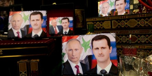Porcelain photos decorated with the images of Russian President Vladimir Putin and Syrian President Bashar al-Assad in a shop in Damascus, April 18, 2016 (AP photo by Hassan Ammar).