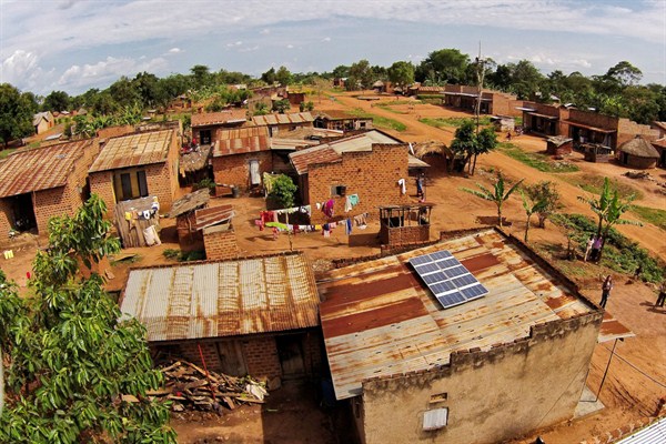 Aerial view of a 500W solar system in a rural village, Uganda, April 1, 2015 (Photo by Sameer Halai for USAID).