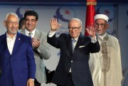 Tunisian President Beji Caid Essebsi with Ennahda party leader Rachid Ghannouchi and Ennahda party vice-president Abdelfattah Mourou, Rades, Tunisia, May 20, 2016 (AP photo by Hassene Dridi).