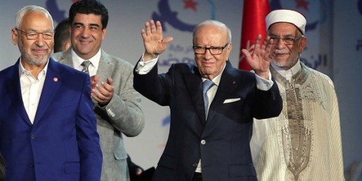 Tunisian President Beji Caid Essebsi with Ennahda party leader Rachid Ghannouchi and Ennahda party vice-president Abdelfattah Mourou, Rades, Tunisia, May 20, 2016 (AP photo by Hassene Dridi).