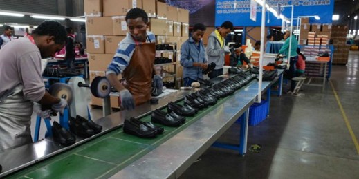 Employees of the Chinese-owned Huajian International Shoe City prepare a shipment of women’s loafers for export to the United States, Dukem, Ethiopia, April, 2016 (Photo by Jonathan Rosen).