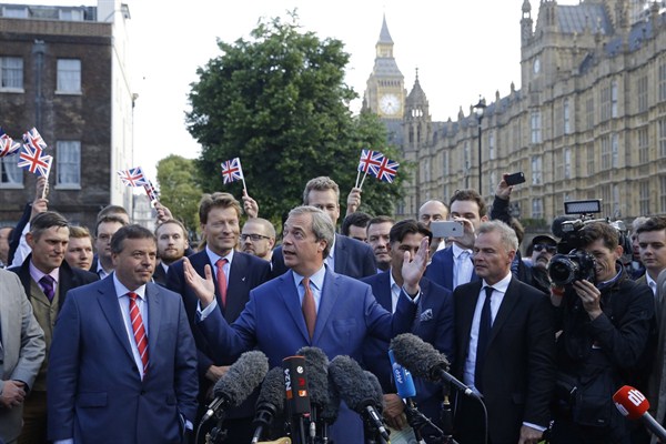 Nigel Farage, the leader of the UK Independence Party speaks to the media on College Green, London, June 24, 2016 (AP photo by Matt Dunham).