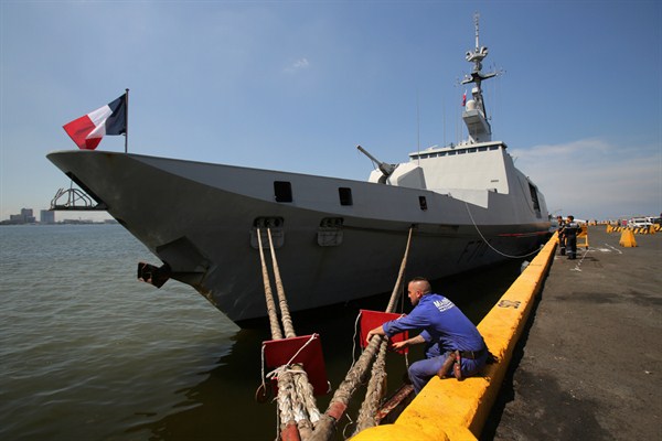The Guepratte, a stealth frigate of France's Naval Action Force, docked at a pier in Manila, Philippines, May 4, 2016 (AP photo by Aaron Favila).