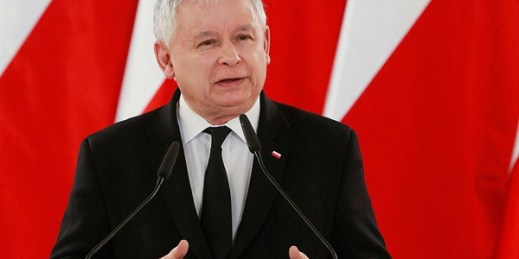 Jaroslaw Kaczynski, the head of the ruling Law and Justice party, delivers a speech, May 2, 2016, Warsaw, Poland (AP photo by Czarek Sokolowski).