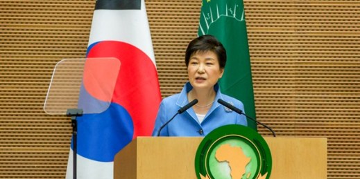 South Korean President Park Geun-hye gives a speech to the African Union, Addis Ababa, Ethiopia, May 27, 2016 (AP photo by Mulugeta Ayene).