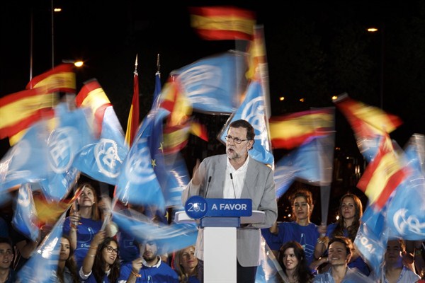 Spain's acting prime minister and Popular Party leader Mariano Rajoy during a campaign rally, Madrid, June 24, 2016 (AP photo by Daniel Ochoa de Olza).