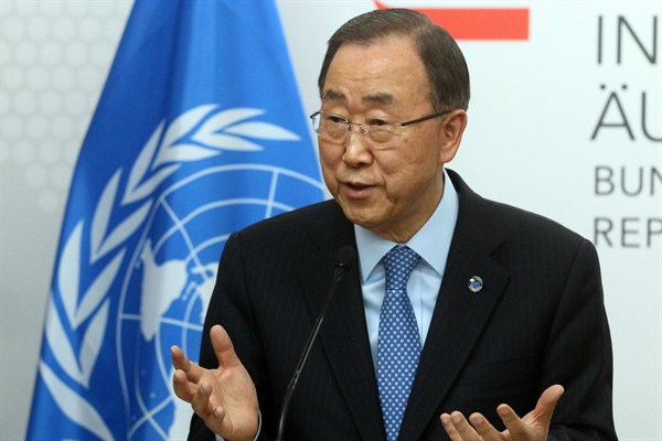 U.N. Secretary General Ban Ki-moon at the foreign ministry, Vienna, Austria, Tuesday, April 26, 2016 (AP photo by Ronald Zak).