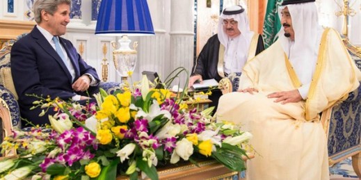 Saudi King Salman bin Abdul Aziz meets with U.S. Secretary of State John Kerry, May 15, 2016, Jiddah, Saudi Arabia (Saudi Press Agency via AP).
