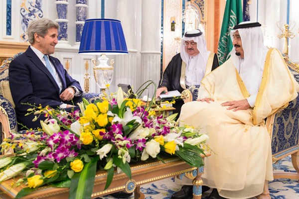 Saudi King Salman bin Abdul Aziz meets with U.S. Secretary of State John Kerry, May 15, 2016, Jiddah, Saudi Arabia (Saudi Press Agency via AP).
