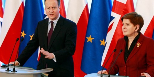 British Prime Minister David Cameron and Polish Prime Minister Beata Szydlo during a press conference, Warsaw, Poland, Feb. 5, 2016 (AP photo by Czarek Sokolowski).