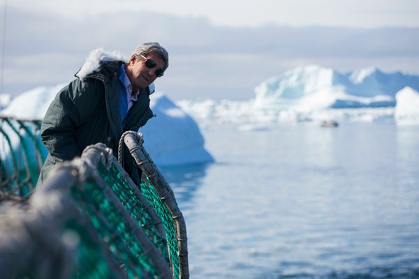 U.S. Secretary of State John Kerry during a tour of the Jakobshavn Glacier and the Ilulissat Icefjord, near the Arctic Circle, Greenland, June 17, 2016 (AP photo by Evan Vucci).