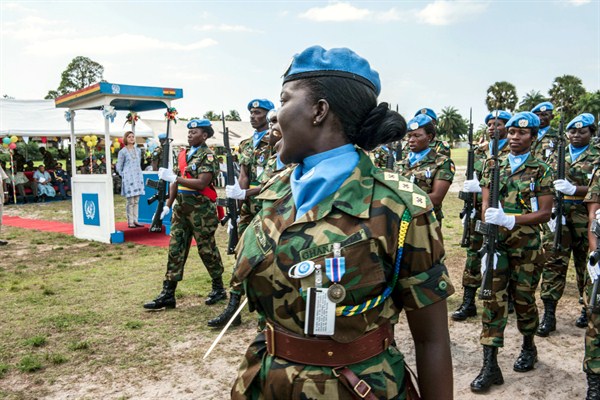 Peacekeepers of the U.N. Mission in Liberia’s Ghanaian battalion participate in a medal parade, Buchanan, Liberia, Nov. 16, 2012 (U.N. photo by Staton Winter).