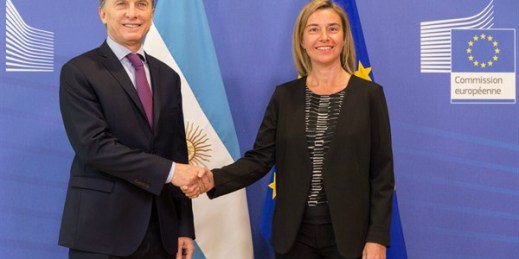 Argentine President Mauricio Macri with EU foreign policy chief Federica Mogherini at a press conference, Brussels, April 7, 2016 (EU photo by Georges Boulougouris).