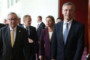 European Commission President Jean-Claude Juncker, Council President Donald Tusk, EU foreign policy chief Federica Mogherini and NATO Secretary-General Jens Stoltenberg at the NATO summit, Warsaw, Poland, July 8, 2016 (AP photo by Czarek Sokolowski).