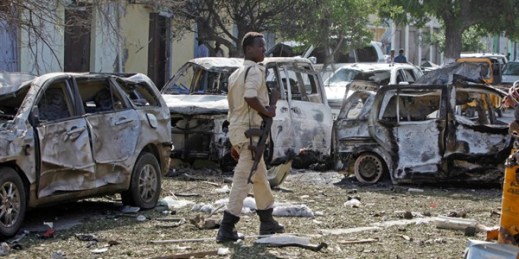 A Somali soldier after a bomb attack by al-Shabab on a hotel frequented by government officials and business executives, Mogadishu, June 2, 2016 (AP photo by Farah Abdi Warsameh).