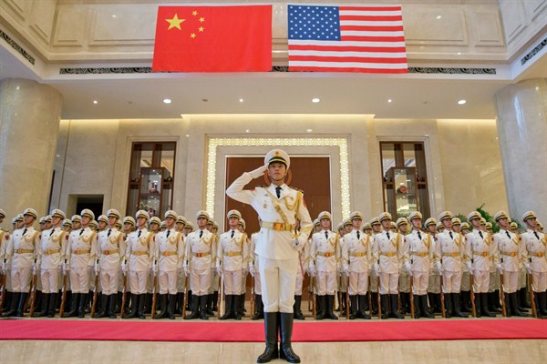 A welcome ceremony for Adm. John Richardson, chief of U.S. naval operations, at the Chinese navy's headquarters, Beijing, July 18, 2016 (AP photo by Ng Han Guan).