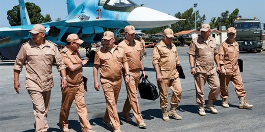 Russian Defense Minister Sergei Shoigu, third left, visits the Hemeimeem air base, Syria, June 18, 2016 (Russian Defense Ministry photo by Vadim Savitsky via AP).
