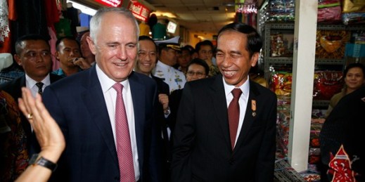 Australian Prime Minister Malcolm Turnbull with Indonesian President Joko Widodo, Jakarta, Nov. 12, 2015 (AP photo by Darren Whiteside).