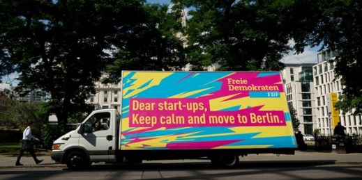 An advertisement urging U.K.-based start-ups to move to Berlin, London, July 5, 2016 (AP photo by Matt Dunham).