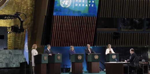 Mogens Lykketoft, president of the U.N. General Assembly, hosting the first-ever televised live debate with Secretary-General candidates, New York, July 12, 2016 (U.N. photo by Evan Schneider).