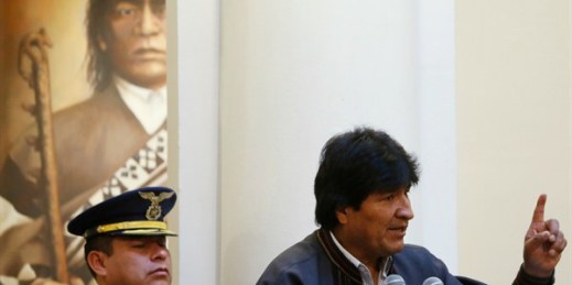 Bolivian President Evo Morales speaks at the Presidential Palace, La Paz, Bolivia, May 1, 2016 (AP photo by Juan Karita).