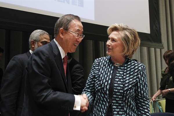 U.N. Secretary-General Ban Ki-moon greets Hillary Clinton at a U.N. Women event, U.N. headquarters, March 7, 2014 (U.N. photo by JC McIlwaine).