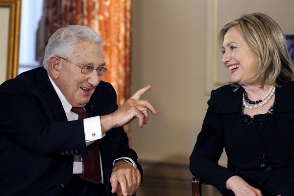Former Secretary of State Henry Kissinger and then-Secretary of State Hillary Rodham Clinton during an interview by PBS' Charlie Rose, at the State Department, Washington April 20, 2011 (AP photo by Alex Brandon).