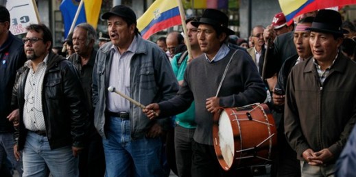 Indigenous protesters during an anti-government march, Quito, Ecuador, Aug. 21, 2015 (AP photo by Ana Maria Buitron).