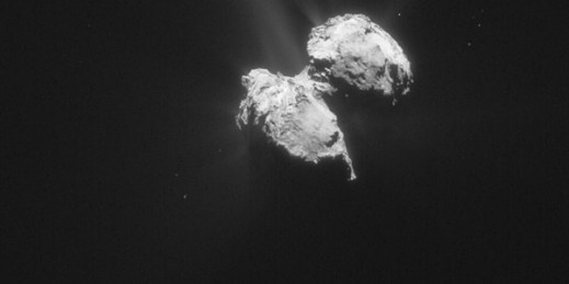 An image of comet 67P/Churyumov-Gerasimenko taken when the ESA's Rosetta space probe was 88 miles from its nucleus, Nov. 17, 2015 (ESA photo).