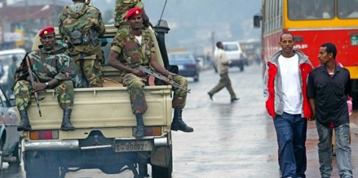 In this June 10, 2005 file photo, Ethiopian soldiers patrol the streets of Addis Ababa, after clashes with protesters (AP photo by Karel Prinsloo).