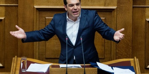 Greek Prime Minister Alexis Tsipras addresses lawmakers during a parliamentary session, Athens, May 22, 2016 (AP photo by Yorgos Karahalis).