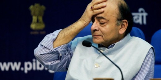 Indian Finance Minister Arun Jaitley reacts as he addresses a press conference in New Delhi, Aug. 4, 2016 (AP photo by Altaf Qadri).