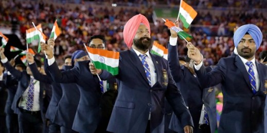 India's Olympic team during the opening ceremony for the 2016 Summer Olympics, Rio de Janeiro, Brazil, Aug. 5, 2016 (AP photo by David J. Phillip).