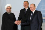 Iranian President Hassan Rouhani, Azerbaijani President Ilham Aliyev, and Russian President Vladimir Putin at their economic summit, Baku, Aug. 8, 2016 (AP photo by Alexander Zemlianichenko).