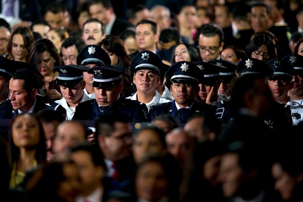 Federal police at a ceremony to inaugurate Mexico's new justice system, Mexico City, June 17, 2016 (AP photo by Rebecca Blackwell).