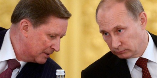 Russian President Vladimir Putin and former chief of staff Sergei Ivanov during a meeting in the Kremlin, Moscow, Russia, March 24, 2014 (Presidential Press Service photo by Alexei Nikolsky via AP).