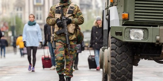 A Belgian soldier patrols on a main boulevard in Brussels, Nov. 22, 2015 (AP photo by Geert Vanden Wijngaert).